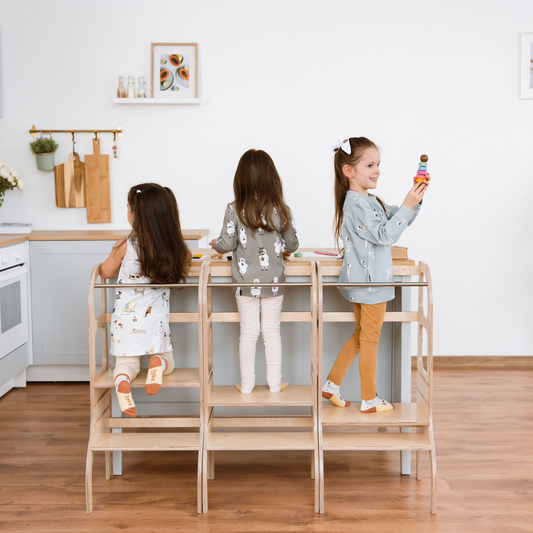 STEP UP Adjustable Height Helper Tower With Support Legs - Natural Wood