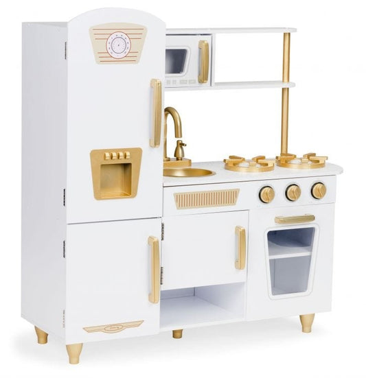 Large White and Gold Wooden Play Kitchen for Children