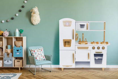 Large White and Gold Wooden Play Kitchen for Children