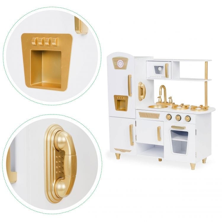 Large White and Gold Wooden Play Kitchen for Children