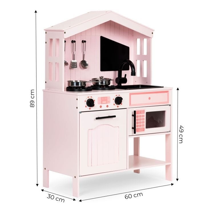 Pink Wooden Play Kitchen with Oven, Burners, Microwave and Accessories